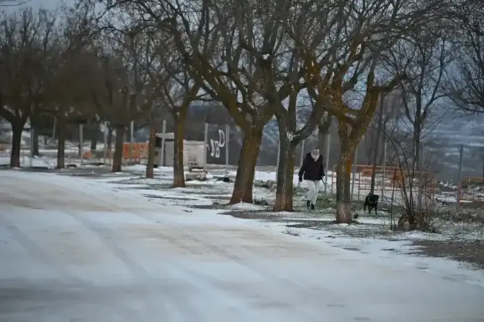 FOTOGRAFÍA. LOS SANTOS DE LA HUMOSA (COMUNIDAD DE MADRID) ESPAÑA, 05 DE ENERO DE 2026. Una persona pasea a su perro por un paraje nevado en Los Santos de la Humosa (Madrid) España. Efe