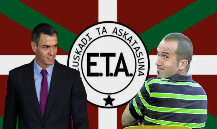 FOTOGRAFÍA. MADRID (ESPAÑA), 11 DE FEBRERO DE 2026. En un momento de su intervención, el presidente de VOX y de Patriots of Europe, Santiago Abascal Conde, afea al presidente del Gobierno de coalición comunista de España, Pedro Sánchez Pérez-Castejón (i), su gran interés y buena relación con los herederos del grupo terrorista separatista y socialista Euskadi Ta Askatasuna (ETA)/Euskal Herria Bildu (EH Bildu), exhibiendo un combo de fotografías de Pedro Sánchez Pérez-Castejón (i) junto a un terrorista etarra en un juicio (d). Lasvocesdelpueblo (Ñ Pueblo)