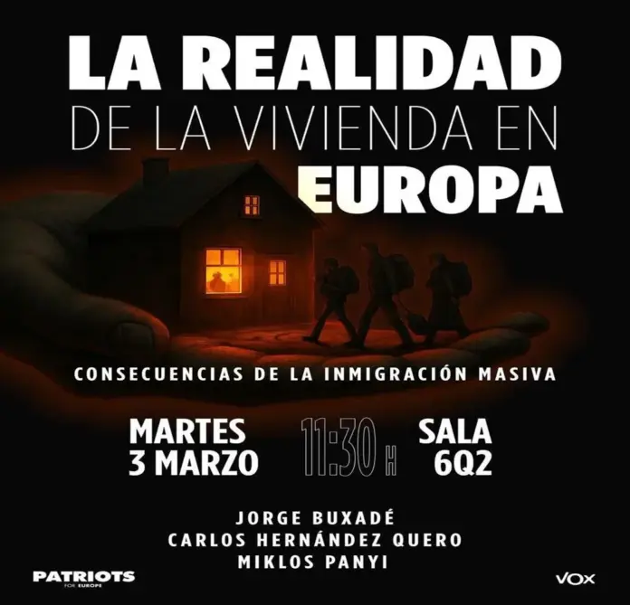 Política social de VOX, VOX,Quero FOTOGRAFÍA. BRUSELAS (BÉLGICA), 27 DE FEBRERO DE 2026. Quero explica la política social de VOX a Bruselas. Los patriotas Jorge Buxadé Villalba, jefe de la delegación de VOX en el Parlamento Europeo; Carlos Hernández Quero (H. Quero), diputado nacional y portavoz nacional de vivienda de VOX; y Miklós Panyi, representante húngaro; participan el próximo 3 de marzo de 2026 en el Parlamento Europeo la conferencia titulada: "La realidad de la vivienda en Europa: consecuencias de la inmigración masiva". Lasvocesdelpueblo (Ñ Pueblo)