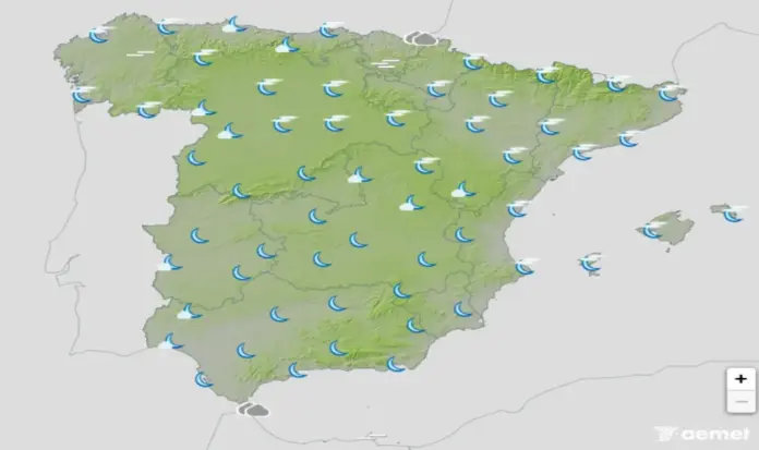 FOTOGRAFÍA. BARCELONA (CATALUÑA) ESPAÑA, 22 DE FEBRERO DE 2026. Lunes de ascenso de temperaturas en la Península y Baleares. Detalle de un infograma de la Agencia Estatal de Meteorología (Aemet) sobre las previsiones meteorológicas para este lunes 23 de febrero de 2026 en toda España. Lasvocesdelpueblo (Ñ Pueblo)