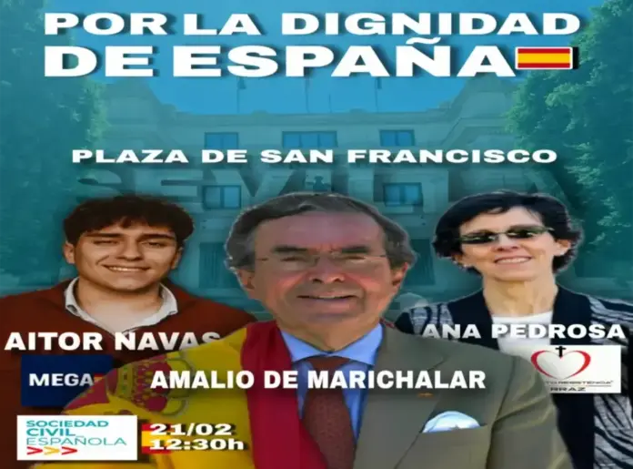 FOTOGRAFÍA. SEVILLA (ESPAÑA), 14 DE FEBRERO DE 2026. Sevilla convoca el 21F por la dignidad de España. El consultor español y portavoz de la coordinadora de la asociación De Español a Español por la Constitución, Amalio Joaquín de Marichalar y Sáenz de Tejada (c); el presidente nacional de la asociación patriota Make España Great Again (MEGA), Aitor Navas (i); y la portavoz del Movimiento Resistencia Ferraz, Ana Pedrosa Rodríguez (d); acudirán a una concentración el próximo sábado 21 d febrero en Sevilla "en defensa de los principios constitucionales, la unidad nacional y el fortalecimiento de las instituciones democráticas". Lasvocesdelpueblo (Ñ Pueblo)