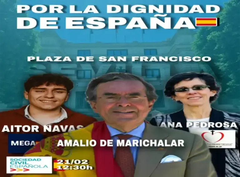 FOTOGRAFÍA. SEVILLA (ESPAÑA), 14 DE FEBRERO DE 2026. Sevilla convoca el 21F por la dignidad de España. El consultor español y portavoz de la coordinadora de la asociación De Español a Español por la Constitución, Amalio Joaquín de Marichalar y Sáenz de Tejada (c); el presidente nacional de la asociación patriota Make España Great Again (MEGA), Aitor Navas (i); y la portavoz del Movimiento Resistencia Ferraz, Ana Pedrosa Rodríguez (d); acudirán a una concentración el próximo sábado 21 d febrero en Sevilla "en defensa de los principios constitucionales, la unidad nacional y el fortalecimiento de las instituciones democráticas". Lasvocesdelpueblo (Ñ Pueblo)