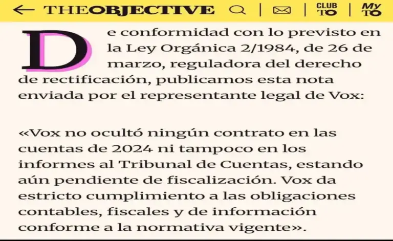 FOTOGRAFÍA. BARCELONA (CATALUÑA) ESPAÑA, 29 DE MARZO DE 2026. El digital afín al PP THEOBJECTIVE rectifica su noticia falsa contra VOX. En la imagen , una captura de la rectificación del digital del PP THEOBJECTIVE sobre su noticia falsa contra los votantes y afiliados de VOX. Este medio había difundido fakes news sobre las cuentas de Bambú 12, sede nacional de la casa del pueblo del partido político de los obreros de España, VOX. Lasvocesdelpueblo (Ñ Pueblo)