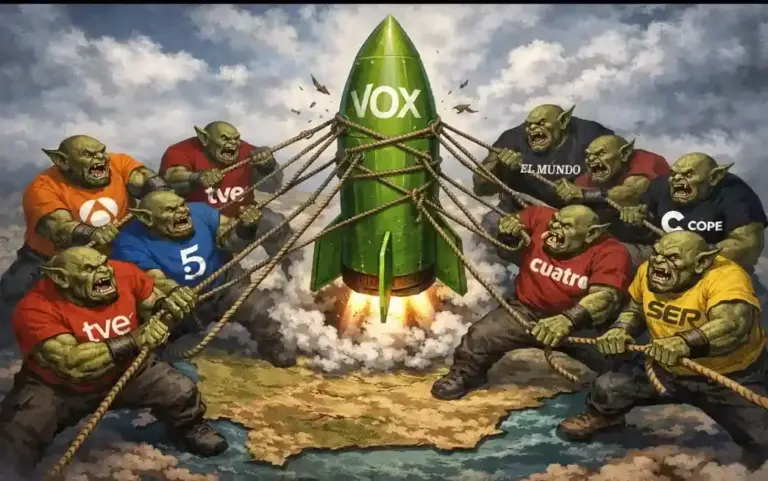 FOTOGRAFÍA. BARCELONA (CATALUÑA) ESPAÑA, 30 DE MARZO DE 2026. Detalle de una ilustración sobre la campaña "Matar a VOX" del bipartidismo podrido usando sus satélites para intentar lo imposible que es frenar el cohete VOX sin conseguirlo. ¿Por qué? Pues VOX es el grito de todo un pueblo que ya ha dicho ¡basta! Y no hay campaña posible que lo va a parar. Imagen Inteligencia Artificial (IA) de José Martín de Torres @josemartindet/Lasvocesdelpueblo (Ñ Pueblo)