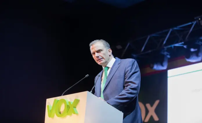 FOTOGRAFÍA. MADRID (COMUNIDAD DE MADRID) ESPAÑA, 07 DE MARZO DE 2020. El secretario general de VOX, Francisco Javier Ortega Smith-Molina, interviene en la asamblea ordinaria de VOX este sábado, 7 de marzo, en el Palacio Vistalegre de Madrid, a menos de 24 horas del multitudinario acto público de su formación de mañana, domingo 8 d marzo, Día Internacional de la mujer trabajadora. Lasvocesdelpueblo (Ñ Pueblo)