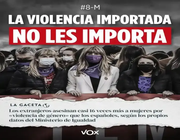 FOTOGRAFÍA. MADRID (ESPAÑA), 06 DE MARZO DE 2026. VOX denuncia la violencia importada contra la mujer ante 8M. Este 8 de marzo, Día Internacional de la Mujer, VOX ha presentado una campaña bajo el lema "La violencia importada no les importa", para criticar las políticas del Gobierno en materia de violencia contra la mujer y política migratoria. Lasvocesdelpueblo (Ñ Pueblo)