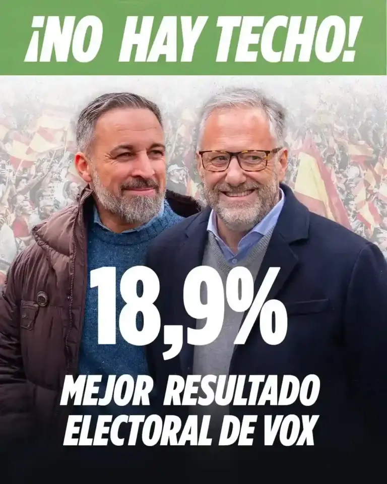 FOTOGRAFÍA. MADRID (ESPAÑA), 16 D EMARZO DE 2026. El 18.9 % e imparables: el mejor resultado de VOX y no hay techo. El presidente de VOX y de Patriots of Europe, Santiago Abascal Conde (i); junto al histórico candidato de los obreros de España a la Presidencia de la Junta de Castilla y León para las elecciones castellanoleonesas de ayer, 15 de marzo, Calos Pollán Fernández (d); presiden el cartel del auge electoral de VOX en las urnas, un crecimiento sin techo, con el ya el 18.9 % de los votos, el mejor resultado de VOX desde su fundación. Lasvocesdelpueblo (Ñ Pueblo)