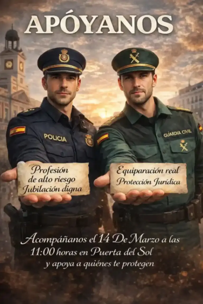 FOTOGRAFÍA. BARCELONA (CATALUÑA) ESPAÑA, 13 DE MARZO DE 2026. Cientos de muertes y su profesión no es considerada de riesgo. Las Fuerzas y Cuerpos de Seguridad del Estado (FCS), guardias civiles y policías nacionales, van a salir a la calles del centro de Madrid, mañana, sábado 14 de marzo para reclamar: "Profesión de lato riesgo"; "Jubilación digna"; "Equiparación real"; "Seguridad jurídica"; "Acompáñanos el 14 de marzo a las 11:00 horas en Puerta del Sol (Madrid) y apoya a quienes de protegen". Lasvocesdelpueblo (Ñ Pueblo)