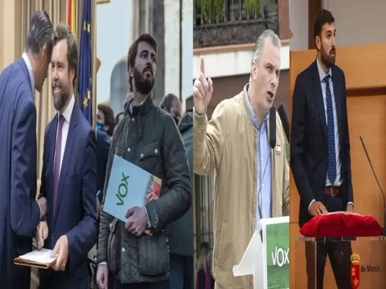 COMBO DE FOTOGRAFÍAS. BARCELONA (CATALUÑA) ESPAÑA, 25 DE MARZO DE 2026. Desprecio infinito a todos esos enanos. En la imagen del combo de fotos, de izquierda a la derecha, el exsecretario general de VOX y exportavoz del Grupo Municipal en el Ayuntamiento de Madrid, Francisco Javier Ortega Smith-Molina; junto al exportavoz del Grupo Parlamentario de VOX en el Congreso de los Diputados, Iván Espinosa de los Monteros y de Simón; el excandidato de VOX a la Presidencia de la Junta de Castilla y León y exvicepresidente del Gobierno autonómico de la Junta de Castilla y León, en coalición con el Partido Popular, Juan García-Gallardo Frings; y el expresidente del Comité Ejecutivo Provincial (CEP) de VOX en Murcia y exvicepresidente del Gobierno autonómico de la Región de Murcia, en coalición con el Partido Popular, José Ángel Antelo Paredes; todos en imágenes archivos cuando ocupaban cargos orgánicos e Institucionales, todos nombrados a dedo por parte del Comité Ejecutivo Nacional (CEN) de VOX. Lasvocesdelpueblo (Ñ Pueblo)