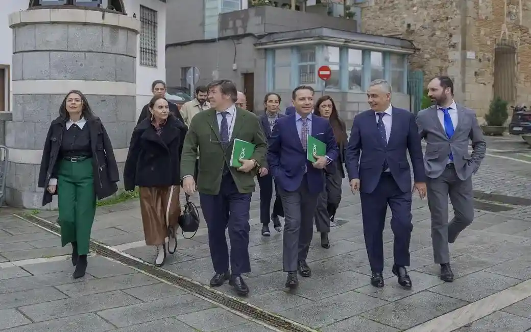 FOTOGRAFÍA. MÉRIDA (EXTREMADURA) ESPAÑA, 06 DE MARZO DE 2026. Los representantes institucionales de VOX, liderados por el presidente del Grupo Parlamentario de VOX, Óscar Fernández Calle (2 i); este viernes en la segunda votación de la investidura de la candidata migrac