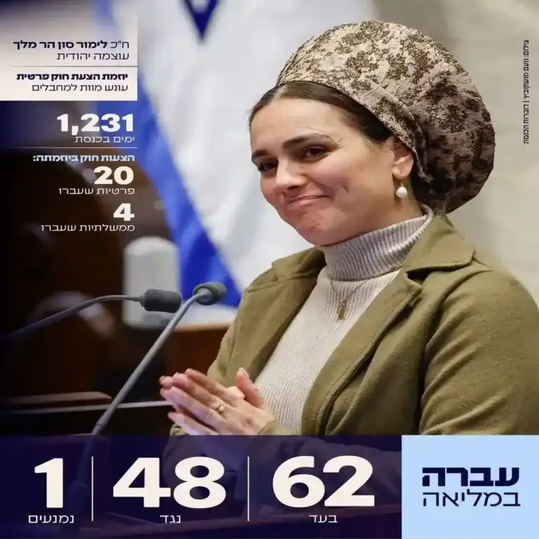 FOTOGRAFÍA. JERUSALÉN (ISRAEL), 30 DE MARZO DE 2026. Israel condenará a la horca a terroristas de Judea y Samaria junto a los de Gaza y Líbano. El proyecto ley presentado y defendido por parte de la vicepresidente del Parlamento del Estado de Israel (Knesset), presidente de la Comisión de Salud y diputada del partido patriota israelí "Otzma Yehudit" en la 25ª legislatura, Limor Son Har-Melech (en la imagen), sobre pena de muerte (horca) para terroristas ha sido aprobado por el Pleno de la Knesset con 62 a 48 a favor de aprobar, en segunda y tercera lectura; una nueva norma que impone la pena de muerte a los terroristas condenados por el asesinato de israelíes. Lasvocesdelpueblo (Ñ Pueblo) 