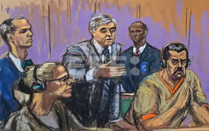 FOTOGRAFÍA. NUEVA YORK (ESTADOS UNIDOS DE AMÉRICA, EEUU), 26 DE MARZO 2026.- Detalle de una imagen de un dibujo realizado por la artista Jane Rosenberg donde aparece el exdictador comunista y chavista, depuesto de Venezuela, Nicolás Maduro Moros (d); junto a su esposa, la narcoterrorista Cilia Adela Flores de Maduro (Cilia Flores) (2-i), ambos capturados en Caracas (Venezuela) el pasado 3 d enero de 2026; y sus abogados Mark Donnelly (i) y Barry pollack (c), durante su comparecencia este jueves, 26 de marzo de 2026, ante un tribunal federal en Nueva York (EEUU). El juez encargado del caso contra el exdictador Nicolás Maduro Moros y su esposa, Cilia Adela Flores de Maduro (Cilia Flores), descartó desestimar su caso "porque sería tomar una medida demasiado seria". Efe