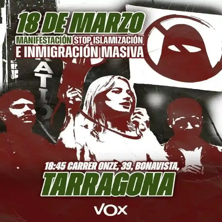 FOTOGRAFÍA. TARRAGONA (CATALUÑA) ESPAÑA, 17 DE MARZO DE 2026. Manifestación Stop islamización e inmigración masiva. Una mujer catalana preside un cartel de una protesta en favor de la civilización europea, titulado "18 de marzo. Manifestación Stop Islamización e Inmigración masiva" con hora y lugar "18:45 horas, calle Once, 39, barrio Bonavista, ciudad Tarragona", con la firma de la tercera fuerza política en España, "VOX", dice el cartel. Lasvocesdelpueblo (Ñ Pueblo)