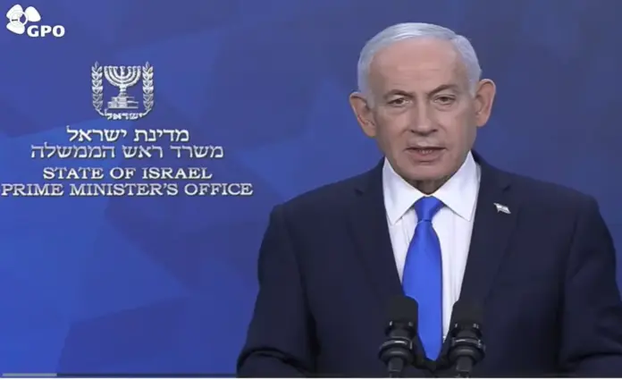 Bibi, Benjamín Netanyahu, Israel, Bibi advierte a los ayatolás que Israel tiene el dedo en el gatillo FOTOGRAFÍA. JERUSALÉN (ISRAEL), 08 DE ABRIL DE 2026. Bibi advierte a los ayatolás que Israel tiene el dedo en el gatillo. El primer ministro del Estado de Israel, "Bibi" Benjamín Netanyahu, registrado esta noche durante una declaración sobre el alto de fuego para negociar la rendición del régimen terrorista de los ayatolás ISIS. Lasvocesdelpueblo (Ñ Pueblo)