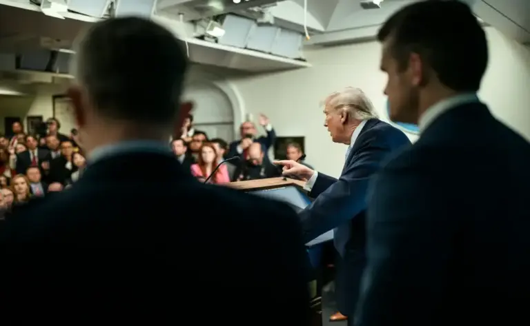 FOTOGRAFÍA. WASHINGTON (ESTADOS UNIDOS DE AMÉRICA), 06 DE ABRIL DE 2026. El presidente de United States of America (USA) y de la formación patriota Partido Republicano, Donald John Trump; junto al director de la Agencia Central de Inteligencia (CIA), John Lee Ratcliffe; al Secretario de Guerra de los Estados Unidos, Peter Brian Hegseth; al jefe del Estado Mayor Conjunto, John Daniel "Razin" Caine; informa a los medios de comunicación sobre el rescate de los aviadores estadounidenses del avión de combate F-15E, desaparecidos tras líneas enemigas en Irán. Lasvocesdelpueblo (Ñ Pueblo)