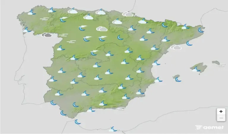 FOTOGRAFÍA. BARCELONA (CATALUÑA) ESPAÑA, 19 DE MAYO DE 2026. Tiempo estable con cielos despejados o intervalos de nubes altas este martes. Infograma de la Agencia Estatal de Meteorología (Aemet) sobre las previsiones meteorológicas para martes 19 de mayo de 2026 en toda España. Lasvocesdelpueblo (Ñ Pueblo). 