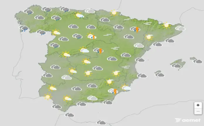 FOTOGRAFÍA. BARCELONA (CATALUÑA) ESPAÑA, 03 DE MAYO DE 2026. Domingo de inestabilidad en España con cielos nubosos o cubiertos. Infograma de la Agencia Estatal de Meteorología (Aemet) sobre las previsiones meteorológicas para domingo 03 de mayo de 2026 en toda España. Lasvocesdelpueblo (Ñ Pueblo)