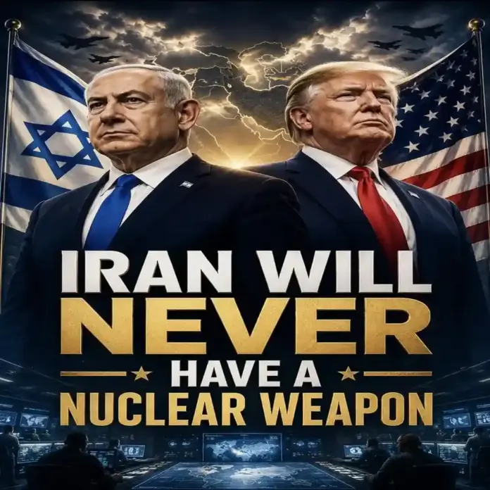 FOTOGRAFÍA. JERUSALÉN (ISRAEL), 24 DE MAYO DE 2026. Netanyahu: Irán no tendrá armas nucleares, la amistad Israel y EEUU permanece inalterable. Detalle de un combo de fotografías elaborado con la Inteligencia Artificial (IA), que muestran al primer ministro de Israel, "Bibi" Benjamín Netanyahu (i); junto con su homólogo presidente de los Estados Unidos de América (EEUU), Donald John Trump (d), y el letrero "Irán nunca tendrá un arma nuclear. (Iran will never have de nuclear weapon)". X del primer ministro "Bibi" Benjamín Netanyahu/Lasvocesdlepueblo (Ñ Pueblo)