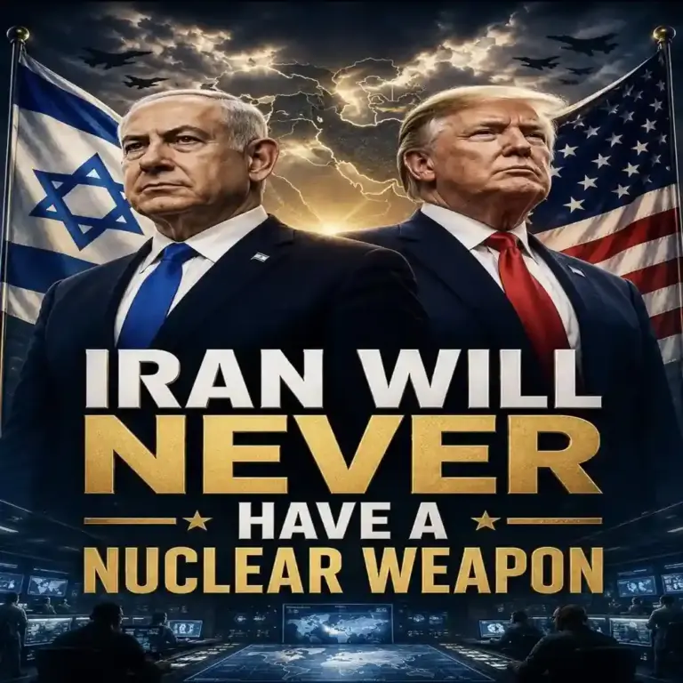 FOTOGRAFÍA. JERUSALÉN (ISRAEL), 24 DE MAYO DE 2026. Netanyahu: Irán no tendrá armas nucleares, la amistad Israel y EEUU permanece inalterable. Detalle de un combo de fotografías elaborado con la Inteligencia Artificial (IA), que muestran al primer ministro de Israel, "Bibi" Benjamín Netanyahu (i); junto con su homólogo presidente de los Estados Unidos de América (EEUU), Donald John Trump (d), y el letrero "Irán nunca tendrá un arma nuclear. (Iran will never have de nuclear weapon)". X del primer ministro "Bibi" Benjamín Netanyahu/Lasvocesdlepueblo (Ñ Pueblo)