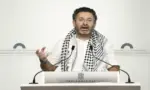 FOTOGRAFÍA. PARLAMENTO DE CATALUÑA (BARCELONA) CATALUÑA (ESPAÑA), AÑO 2025. v. En la imagen, el terrorista español Saif Abu Keshek, miembro de la llamada "Conferencia Popular para los Palestinos en el Extranjero (PPAC)", una entidad islamista sancionada por la Oficina de Control de Activos Extranjeros (OFAC) del Departamento del Estado de los Estados Unidos de América (EEUU) que fue designada como "Organización Terrorista Global" en enero "por operar a instancias" del grupo terrorista islamista proxy de la República Islámica de Irán en el Oriente Medio, Hamás, registrado durante una rueda de prensa en el Palacio del Parlamento de Cataluña, invitado por los partidos políticos socialistas (izquierda) pro Hamás y antisemitas. Efe