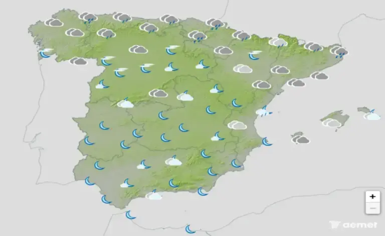 FOTOGRAFÍA. BARCELONA (CATALUÑA) ESPAÑA, 14 DE MAYO DE 2026. Precipitaciones en el Cantábrico y chubascos y tormentas en Gerona el viernes. Infograma de la Agencia Estatal de Meteorología (Aemet) sobre las previsiones meteorológicas para viernes 15 de mayo de 2026 en toda España. Lasvocesdelpueblo (Ñ Pueblo). 