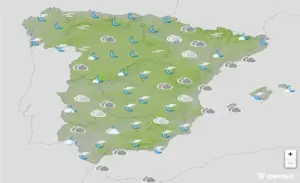 FOTOGRAFÍA. BARCELONA (CATALUÑA) ESPAÑA, 09 DE MAYO DE 2026. Precipitaciones generalizadas acompañadas de tormenta el sábado. Infograma de la Agencia Estatal de Meteorología (Aemet) sobre las previsiones meteorológicas para sábado 09 de mayo de 2026 en toda España. Lasvocesdelpueblo (Ñ Pueblo)