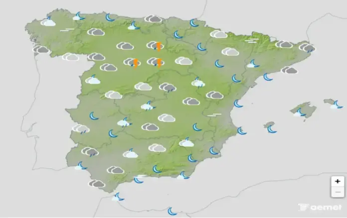 FOTOGRAFÍA. BARCELONA (CATALUÑA) ESPAÑA, 10 DE MAYO DE 2026. Precipitaciones en la mayor parte de España con viento moderado de componente sur. Infograma de la Agencia Estatal de Meteorología (Aemet) sobre las previsiones meteorológicas para domingo 10 de mayo de 2026 en toda España. Lasvocesdelpueblo (Ñ Pueblo)