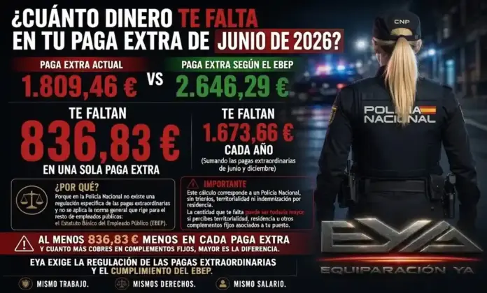 FOTOGRAFÍA. MADRID (ESPAÑA), 29 DE JUNIO DE 2026. Comunicado sindicato EYA sobre paga extra de junio para la Policía. "Las pagas extraordinarias en la Policía Nacional carecen de una regulación específica en su normativa propia, ya que el Real Decreto 950/2005 no las regula. En el año 2005 no había nada que regular, dado que las pagas extraordinarias se componían exclusivamente de sueldo base y trienios, según lo estipulado por la Ley 30/1984, limitando su contenido básico a estos conceptos", según afirman en un comunicado este lunes fuentes del Comité Ejecutivo nacional del sindicato con representación en el Consejo de la Policía "Equiparación Ya (EYA)". EYA/Lasvocesdelpueblo (Ñ Pueblo)