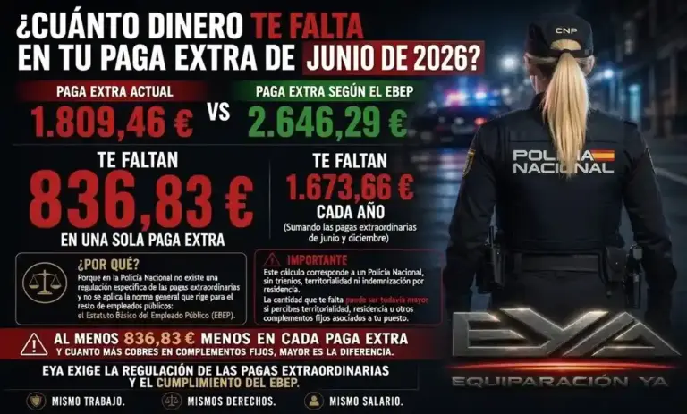 FOTOGRAFÍA. MADRID (ESPAÑA), 29 DE JUNIO DE 2026. Comunicado sindicato EYA sobre paga extra de junio para la Policía. "Las pagas extraordinarias en la Policía Nacional carecen de una regulación específica en su normativa propia, ya que el Real Decreto 950/2005 no las regula. En el año 2005 no había nada que regular, dado que las pagas extraordinarias se componían exclusivamente de sueldo base y trienios, según lo estipulado por la Ley 30/1984, limitando su contenido básico a estos conceptos", según afirman en un comunicado este lunes fuentes del Comité Ejecutivo nacional del sindicato con representación en el Consejo de la Policía "Equiparación Ya (EYA)". EYA/Lasvocesdelpueblo (Ñ Pueblo)