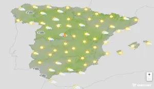 FOTOGRAFÍA. BARCELONA (CATALUÑA) ESPAÑA, 14 DE JUNIO DE 2026. Domingo inestable en el interior de la Península. Infograma de la Agencia Estatal de Meteorología (Aemet) sobre las previsiones meteorológicas para domingo 14 de junio de 2026 en toda España. Lasvocesdelpueblo (Ñ Pueblo). 