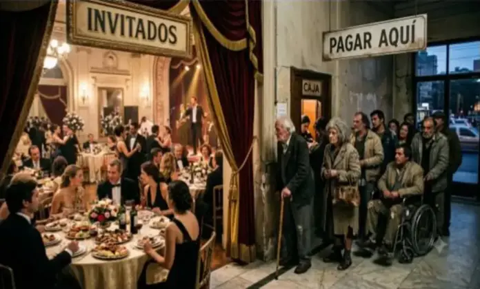 FOTOGRAFÍA. FECHA Y LUGAR RELACIONADOS CON EL CONTENIDO. BARCELONA (ESPAÑA)/CIUDAD DE BUENOS AIRES (ARGENTINA), 28 DE JUNIO DE 2026. ¿Esta fiesta quién la paga? En la derecha de la imagen, el pueblo asfixiado de impuestos, con los que la élite corrupta del país financia sus banquetes y fiestas, en la izquierda de la imagen. Una ilustración de Edmundo Fuster "Mundy Fuster"/Lasvocesdelpueblo (Ñ Pueblo)