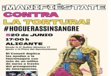 FOTOGRAFÍA. ALICANTE (COMUNIDAD VALENCIANA) ESPAÑA, 19 DE JUNIO DE 2026. Varias organizaciones animalistas convocan la manifestación antitaurina Hogueras 2026 y advierten de que al menos "54 toros morirán durante la feria taurina". Lasvocesdelpueblo (Ñ Pueblo)