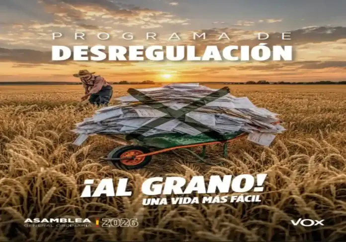 FOTOGRAFÍA. MADRID (ESPAÑA), 27 DE JUNIO DE 2026. Los destacados dirigentes de VOX: el presidente de VOX, Santiago Abascal Conde; el secretario general de VOX, Ignacio Garriga Vaz de Conceiçao; el portavoz nacional de Economía, Energía y Desregulación, José María Figaredo Álvarez-Sala (José María Figaredo); el vicepresidente del Gobierno autonómico de Aragón, Alejandro Nolasco Asensio; el vicepresidente del Gobierno d ela Junta de Castilla y León, Carlos Pollán Fernández; y el vicepresidente del Gobierno de la Junta de Extremadura, Óscar Fernández Calle; han presentado este sábado el llamado "Programa de Desregulación ¡Al Grano! Una Vida Más Fácil de VOX" durante un multitudinario acto público de clausura de la Asamblea General Ordinaria de VOX 2026 en el Auditorio Mutua Madrileña de Madrid, capital de España. Lasvocesdelpueblo (Ñ Pueblo)