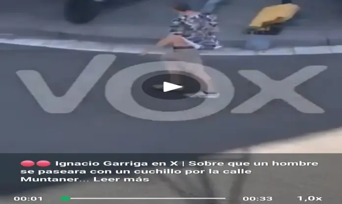Violencia extrema Cataluña FOTOGRAFÍA. BARCELONA (CATALUÑA) ESPAÑA, 18 DE JUNIO DE 2026. O VOX o caos". El secretario general de VOX, Ignacio Garriga Vaz de Conceiçao, pidió este jueves más "fuerza" a los españoles en las urnas para proteger los barrios de España de machetazos, cuchillos, etc.. El número dos de Bambú 12 difunde en sus redes sociales un vídeo que muestra a un individuo armado paseando por las calles de Cataluña. Lasvocesdelpueblo (Ñ Pueblo)