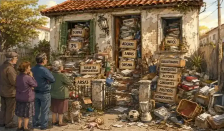 FOTOGRAFÍA. CIUDAD AUTÓNOMA DE BUENAS AIRES (REPÚBLICA DE ARGENTINA), 07 DE JUNIO DE 2026. ¿Qué ocurre cuando los problemas no se resuelven sino que se acumulan? Una ilustración creada por Inteligencia Artificial muestra 4 personas frente a una casa abandonada. Edmundo "Mundy" Fuster/Lasvocesdelpueblo (Ñ Pueblo)