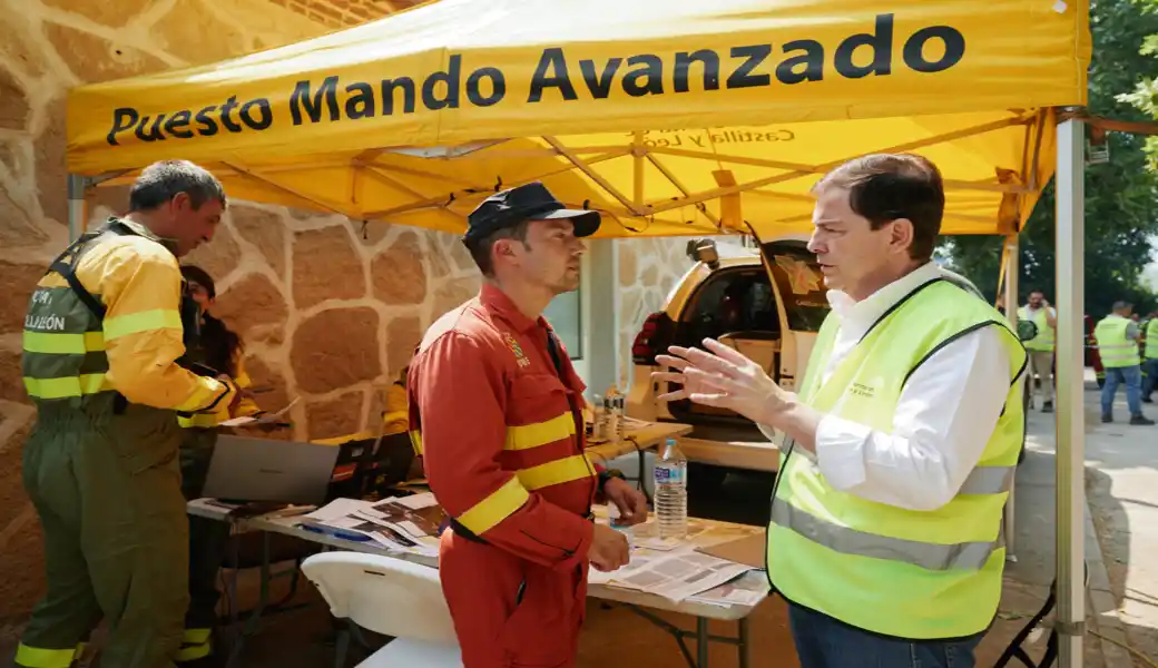 FOTOGRAFÍA. BURGOHONDO (ÁVILA) ESPAÑA, 24 DE JULIO DE 2026. Fuera de control los incendios forestales de Comunidad de Madrid y Ávila. El presidente de la Junta de Castilla y León, Alfonso Fernández Mañueco (d), en el Puesto de Mando Avanzado (PMA) ubicado en Navaluenga, desde donde se coordinan las labores de extinción del incendio de Burgohondo (Ávila). Efe