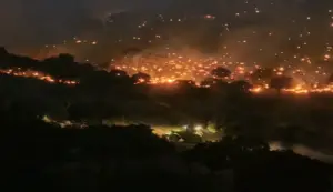FOTOGRAFÍA. FECHA Y LUGAR RELACIONADOS CON EL CONTENIDO. Abascal sobre incendios forestales España: Pedro Sánchez es una plaga. Detalle de una imagen de Incendios Forestales España que muestra como un obrero decide rescatar un tractor agrícola por un sendero de tierra cuando las llamas aproximan por la derecha del camino no asfaltado. Los incendios forestales están devorando España, hasta ahora fuera de control en la Comunidad de Madrid y en la provincia de Ávila, en la Comunidad Autónoma de Castilla y León. X (@Santi_ABASCAL)/Lasvocesdelpueblo (Ñ Pueblo)