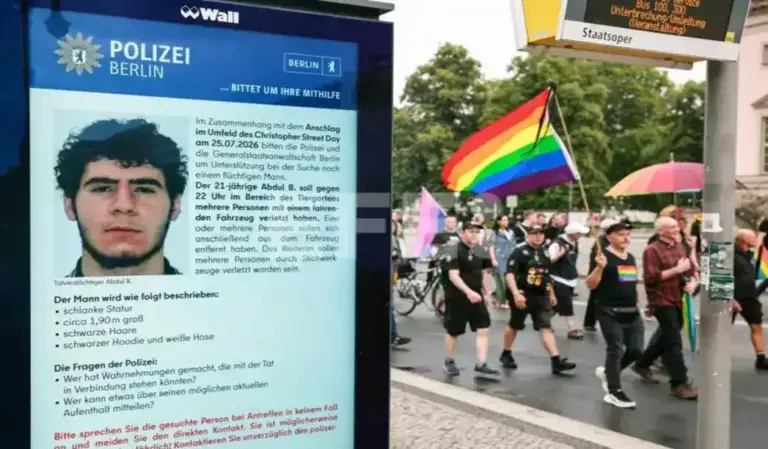 FOTOGRAFÍA. BERLIN (GERMANY), 26 OF JULY OF 2026. Alemania, abatido el islamista Abdul Ballout autor de la masacre de LGTBI. People attending a mourning march following a car-ramming attack near the Christopher Street Day (CSD) parade route pass an electronic display showing a police appeal for information about suspected perpetrator Abdul Rahman Toufic Ballout (Abdul Ballout in Berlin, Germany, 26 July 2026. Police said the suspect was believed to be linked to Islamist circles, while German Interior Minister Alexander Dobrindt said the 25 July vehicle ramming, which killed one person and injured 29 others, is being investigated as a terrorist attack. Efe