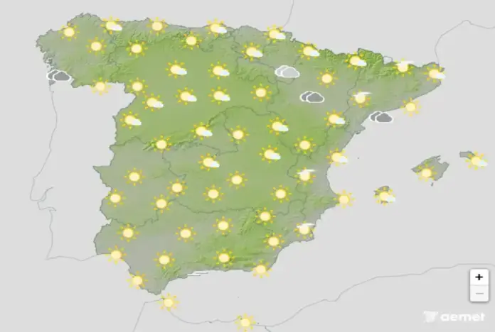 Aemet,España, mapa España, domingo 2 de agosto de 2026, Domingo, temperaturas elevadas en Canarias y tercio oriental peninsular FOTOGRAFÍA. BARCELONA (CATALUÑA) ESPAÑA, 02 DE AGOSTO DE 2026. Domingo, temperaturas elevadas en Canarias y tercio oriental peninsular. Infograma de la Agencia Estatal de Meteorología (Aemet) sobre las previsiones meteorológicas para este domingo 02 de agosto de 2026 en toda España. Lasvocesdelpueblo (Ñ Pueblo).