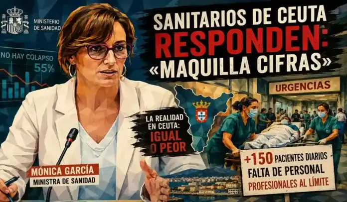 FOTOGRAFÍA. CEUTA (ESPAÑA), 28 DE AGOSTO DE 2026. Los profesionales sanitarios de Ceuta vuelven a mostrar una visión muy diferente a la trasladada por el Ministerio de Sanidad sobre la situación asistencial de la ciudad. Después de que la ministra Mónica García Gómez (en la imagen) negara nuevamente en el Congreso de los Diputados que exista un colapso sanitario, representantes de médicos y enfermeros han cuestionado tanto las cifras aportadas como la eficacia de los refuerzos anunciados. Lasvocesdelpueblo (Ñ Pueblo)