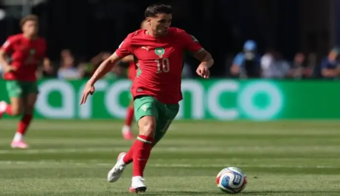 El marroquí Brahim Abdelkader Díaz Veo al madridismo contento con mi fútbol FOTOGRAFÍA. FOXBOROUGH (ESTADOS UNIDOS DE AMÉRICA EEUU), 09 DE JULIO DE 2026. El marroquí Brahim Abdelkader Díaz: Veo al madridismo contento con mi fútbol. Kylian Mbappé Lottin (Kylian Mbappe) y Désiré Nonka-Maho Doué, tras el 2-0 a Marruecos de Brahim Abdelkader Díaz (en la imagen) en cuartos de final del Mundial de Estados Unidos, México y Canadá. Efe