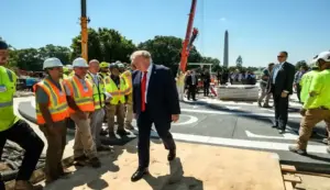 FOTOGRAFÍA. WASHINGTON (ESTADOS UNIDOS DE AMÉRICA, EEUU), 19 DE AGOSTO DE 2026. El presidente DE Estados Unidos de América (EEUU), Donald John Trump, muestra a los profesionales de los medios de comunicación el helipuerto de la Casa Blanca que se está construyendo en el jardín sur del Palacio de la Presidencia de EEUU. Lasvocesdelpueblo (Ñ Pueblo)