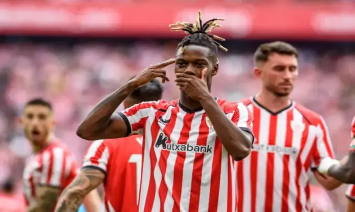 El Athletic Club se impone con autoridad al Atlético de Madrid 3-0 (2) FOTOGRAFÍA. BILBAO (LAS VASCONGADAS) ESPAÑA, 05 DE AGOSTO DE 2026. El delantero del Athletic Club Nico Williams celebra marcar el primer gol del equipo bilbaíno, durante el partido de la jornada 4 de Liga entre el Athletic Club y el Atlético de Madrid, en el estadio de San Mamés en Bilbao.- Efe
