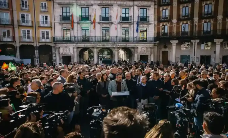 FOTOGRAFÍA. BURGOS, 22 D EOCTUBRE DE 2026. El candidato de Vox a la Presidencia del Gobierno de España, cabeza de lista por Madrid de cara a las elecciones generales anticipadas del 29 de noviembre (29N), Santiago Abascal Conde, ha ofrecido este jueves una rueda de prensa en la Plaza Mayor de Burgos junto al vicepresidente primero de la Junta de Castilla y León y consejero de Desregulación, Familia y Ayudas Sociales, Carlos Pollán Fernández, y por el cofundador de Vox y exfuncionario de Prisiones secuestrado por ETA, José Antonio Ortega Lara, entre otros dirigentes provinciales y regionales. Lasvocesdelpueblo (Ñ Pueblo)