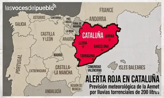 Alerta roja en Cataluña por lluvias torrenciales de 200 litros FOTOGRAFÍA. BARCELONA, 04 DE OCTUBRE DE 2026. Detalle de un mapa de España con alerta meteorológica sobre la Comunidad Autónoma de Cataluña este domingo, 4 de octubre de 2026. IA/Lasvocesdelpueblo (Ñ Pueblo)