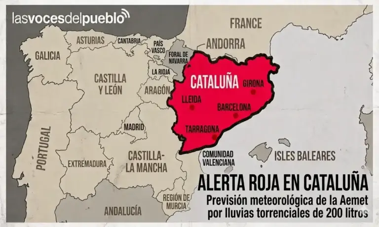 FOTOGRAFÍA. BARCELONA, 04 DE OCTUBRE DE 2026. Detalle de un mapa de España con alerta meteorológica sobre la Comunidad Autónoma de Cataluña este domingo, 4 de octubre de 2026. IA/Lasvocesdelpueblo (Ñ Pueblo)