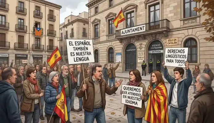 CCC planta cara a 11 ayuntamientos catalanes y exige frenar la segregación del español FOTOGRAFÍA. BARCELONA, 23 DE OCTUBRE DE 2026. Una multitud de ciudadanos patriotas se concentra ante la fachada de un ayuntamiento en Cataluña, exhibiendo banderas de España y pancartas con lemas como «El español también es nuestra lengua», «Queremos ser atendidos en nuestro idioma» y «Derechos lingüísticos para todos», en protesta contra los carteles de imposición institucional que restringen la atención únicamente al catalán. Convivencia Cívica Catalana (CCC) planta cara a 11 ayuntamientos catalanes y exige frenar la segregación del español mediante recursos y alegaciones administrativas frente a las ordenanzas separatistas amparadas por el régimen socialista de Salvador Illa Roca. Lasvocesdelpueblo (Ñ Pueblo)