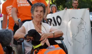 FOTOGRAFÍA. MADRID, 23 DE SEPTIEMBRE DE 2026. La anciana de 87 años María del Carmen Abascal, popularmente conocida como Maricarmen, sonríe con resignación desde su silla de ruedas mientras sostiene en su regazo a su perro salchicha (Dachshund) de color negro y fuego dotado con un arnés verde de seguridad, durante la tensa jornada en la que se ejecutó de forma material el desahucio civil de su vivienda en el madrileño distrito de El Retiro. En la escena, captada en un plano medio en perspectiva de calle, se aprecia en primer plano el objetivo de una cámara de televisión y un micrófono periodístico de los medios de comunicación que cubrían la noticia, mientras que al fondo, una muchedumbre de activistas y militantes ultraizquierdistas portan camisetas de color naranja con los lemas corporativos impresos en letras blancas del "Sindicato de Inquilinas de Madrid". Los manifestantes sostienen una gran pancarta blanca con el rostro dibujado de la afectada para instrumentalizar ideológicamente el lanzamiento de la exfuncionaria y transformarlo en el detonante de las acampadas ilegales de la Puerta del Sol y de la campaña de agitación callejera previa a la huelga general. EFE