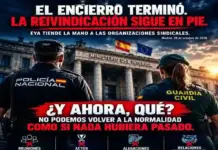 FOTOGRAFÍA. MADRID, 28 DE OCTUBRE DE 2026. Cartel informativo y reivindicativo difundido por el sindicato Equiparación Ya (EYA) tras la finalización del encierro en la Secretaría de Estado de Seguridad del Ministerio del Interior. En la imagen gráfica se observa de espaldas a un agente de la Policía Nacional (CNP) y a una agente de la Guardia Civil contemplando el edificio institucional del Ministerio del Interior, sobre el que flamean la bandera de España y la bandera de la Unión Europea. La composición incorpora destacados titulares y lemas de presión como «el encierro terminó. la reivindicación sigue en pie», «EYA tiende la mano a las organizaciones sindicales» y la pregunta clave «¿Y ahora, qué? No podemos volver a la normalidad como si nada hubiera pasado». Asimismo, en el bloque central figuran cuatro iconos tachados que simbolizan las acciones que la central sindical propone paralizar: «Reuniones institucionales», «Actos protocolarios», «Alegaciones al consejo de policía» y «Relaciones institucionales habituales», bajo el interrogante «Si todo sigue igual, ¿para qué habrá servido el encierro?». El cartel concluye reafirmando la estrategia del sindicato liderado por Natán Espinosa Pérez mediante las proclamas «Bloqueo institucional», «Conflicto colectivo indefinido», «Presión sostenida. unidad. resultados verificables» y el lema definitivo «Menos promesas. Más unidad. Bloqueo institucional y Presión real» dirigido a los «Policías nacionales y guardias civiles veteranos». EYA
