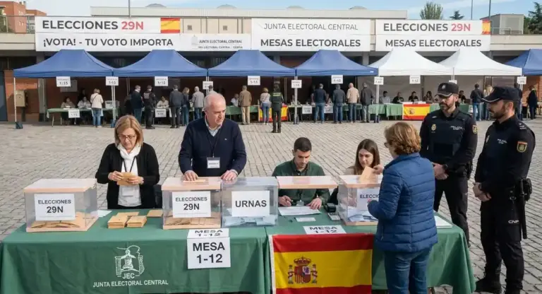 FOTOGRAFÍA. MADRID, 29 NOVIEMBRE 2024. Vista en primer plano de una mesa electoral dispuesta en el patio exterior de un polideportivo municipal durante la jornada de votación de las Elecciones 29N. En la escena principal, se observa con total nitidez a los miembros de la Junta Electoral Central debidamente sentados y gestionando las actas, mientras varios ciudadanos introducen ordenadamente sus sobres en urnas de metacrilato transparente serigrafiadas con la inscripción "Elecciones 29N". El recinto se encuentra fuertemente custodiado por agentes uniformados de las Fuerzas y Cuerpos de Seguridad del Estado (Policía Nacional y Guardia Civil), quienes garantizan el correcto desarrollo del proceso democrático en un ambiente pacífico y seguro. Al fondo, bajo carpas y pancartas oficiales, una gran muchedumbre de votantes aguarda en largas filas su turno para ejercer el derecho al voto. IA/Lasvocesdelpueblo (Ñ Pueblo).